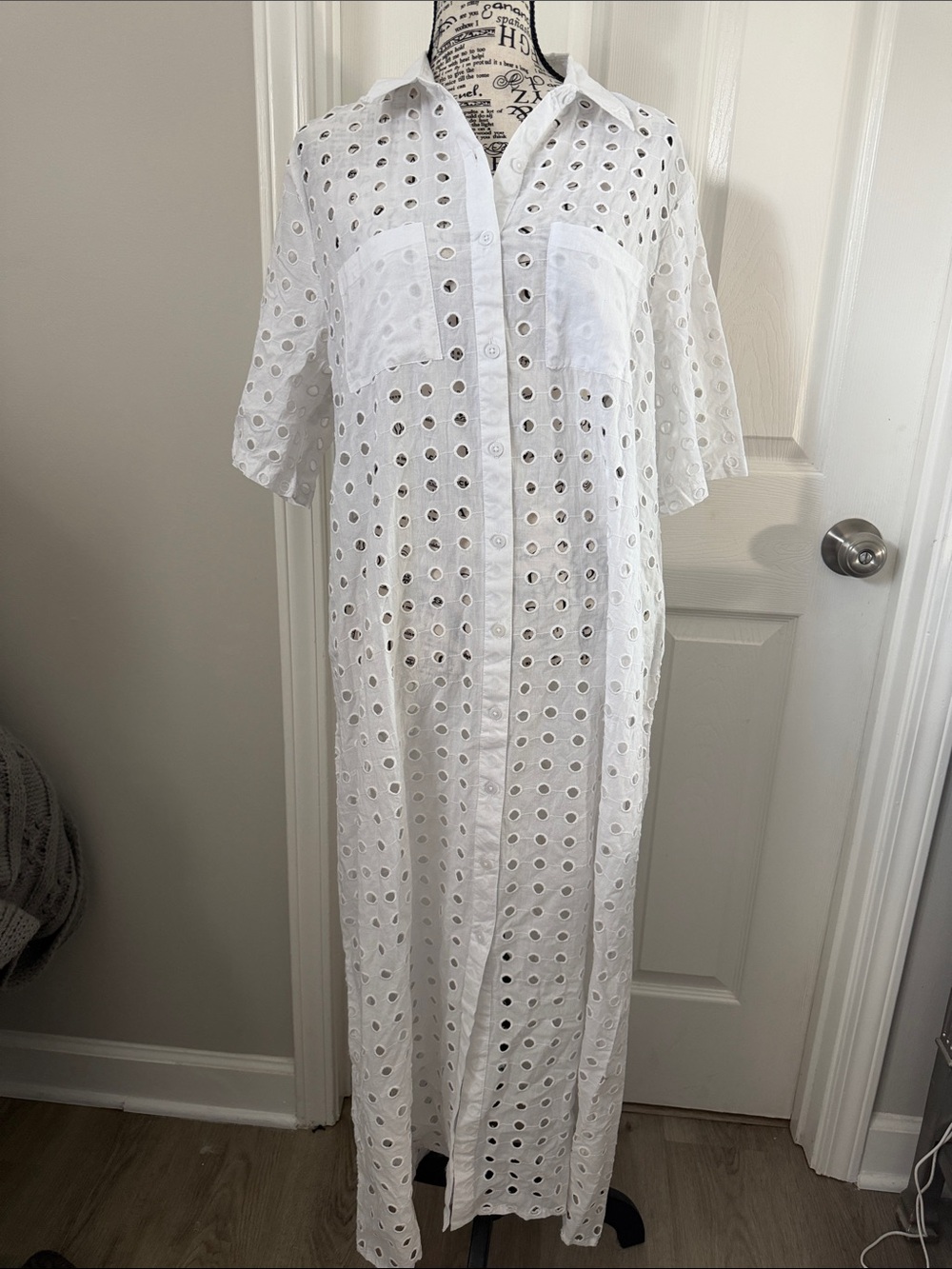 BCBGMaxAzria White Eyelet Maxi Shirt Dress
